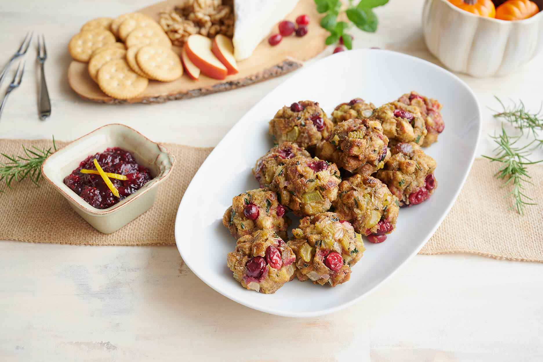 thanksgiving stuffing bites with herbs and dipping sauces