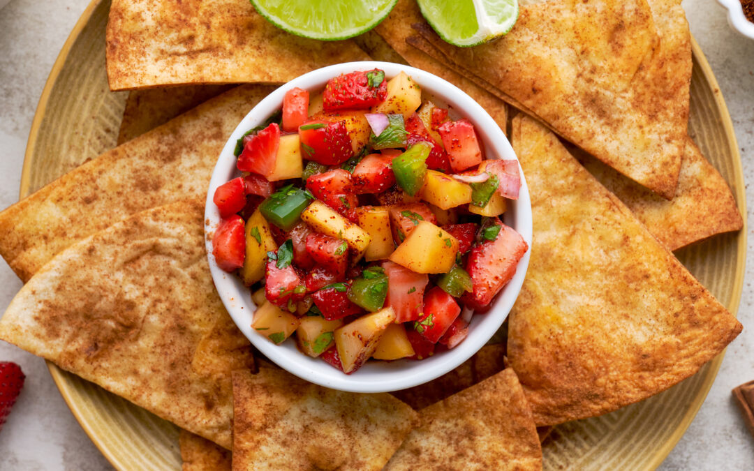 Chipotle Strawberry Mango Salsa with Cinnamon Tortilla Chips