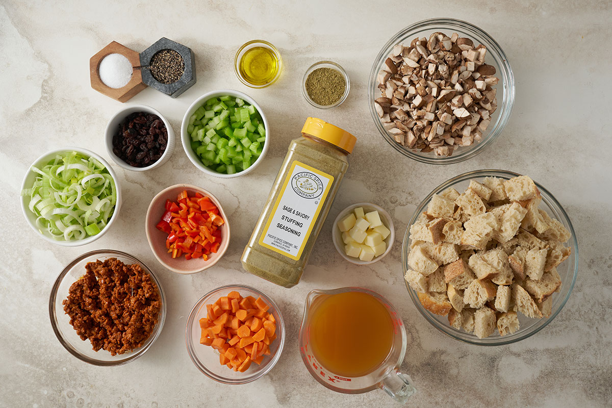 <em>Image: Ingredients for Vegetarian Stuffing Casserole, highlighting PSC Sage and Savory Stuffing Seasoning for a rich, savory flavor.</em>