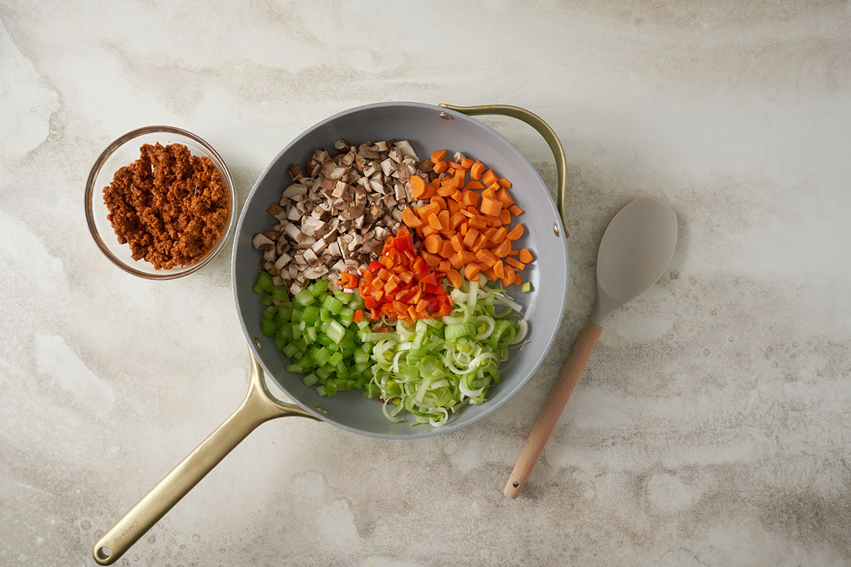 Pacific Spice Company’s step-by-step sautéing of vegetables and Soyrizo for their Vegetarian Stuffing Casserole, featuring PSC Sage and Savory Stuffing Seasoning.