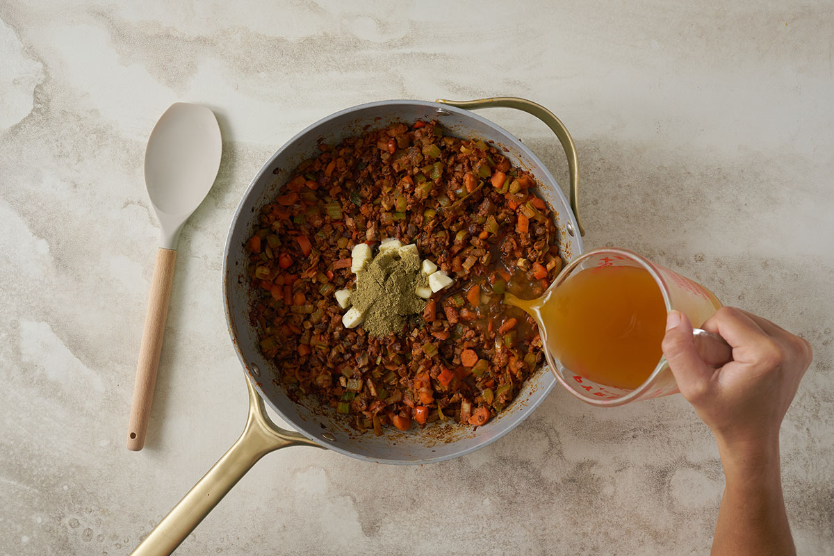 Adding PSC Sage and Savory Stuffing Seasoning to the broth, butter, and sautéed vegetables creates a well-balanced, flavorful base for Pacific Spice Company's Vegetarian Stuffing Casserole.