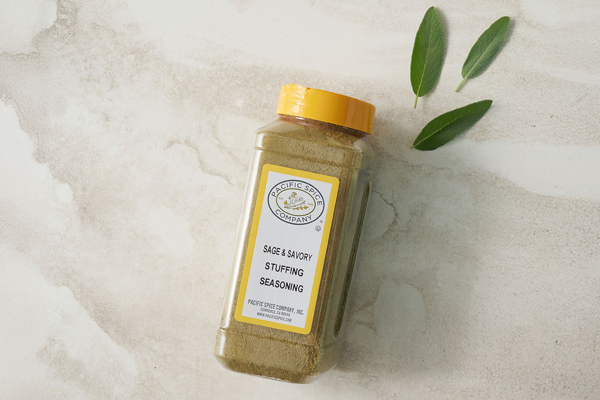 A horizontal overhead shot of Pacific Spice Company’s PSC Sage and Savory Stuffing Seasoning.